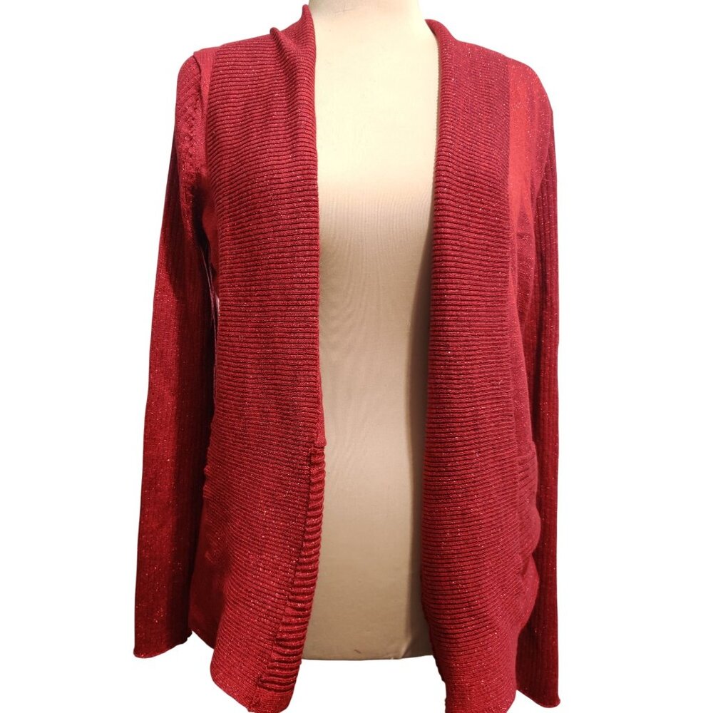 89th + Madison XL Womens Sweater Red Metallic Ribbed Open Front Long Sleeve Knit